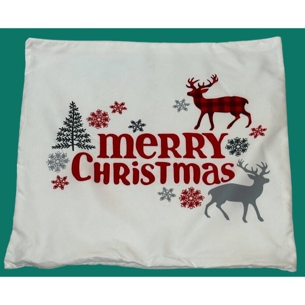 Merry Christmas Holiday Pillow Cover 18x18" Red Plaid Reindeer Snowflakes Winter